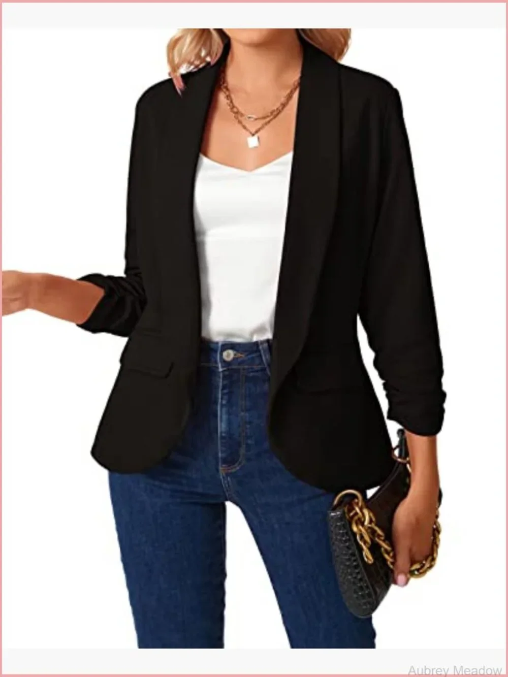 Women's Open Front Blazer 3/4 Ruched Sleeve Shawl Collar Business Work Jacket